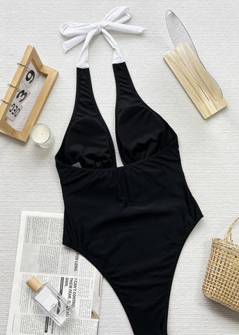 Monaco Bow - Halter Neck One Piece Swimsuit with White Front Tie