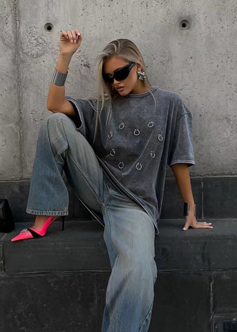 Shadow Pierced Oversized Tee Washed Black Street Statement
