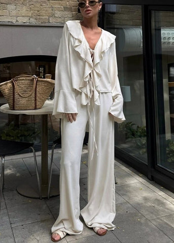 Serena Ruffle Lounge Set Flowy Two-Piece with Wide-Leg Pants