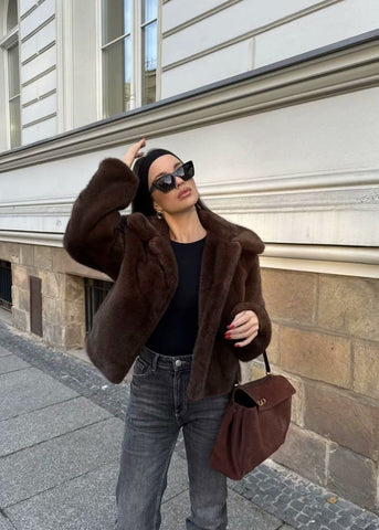 Plush Faux Fur Short Coat Dark Brown