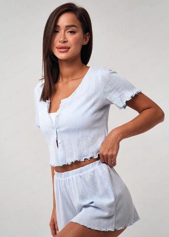 Ruffle Hem Short Sleeve Lounge Set Light Blue