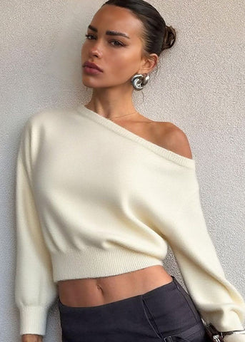 Off-Shoulder Cropped Knit Sweater Minimalist Elegance