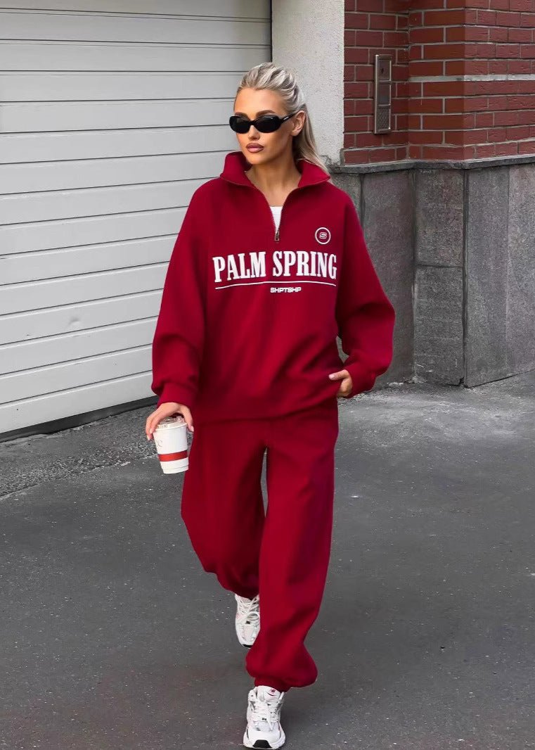 Palm Springs Vibe - Letter Print Zip-Up Sweater Set