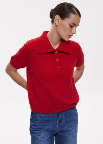 Riviera Knit Polo Shirt Bold Red Short Sleeve Button Top
