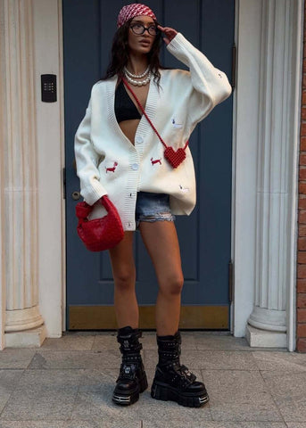 Oversized Dachshund Embroidered Cardigan Casual Knit Sweater