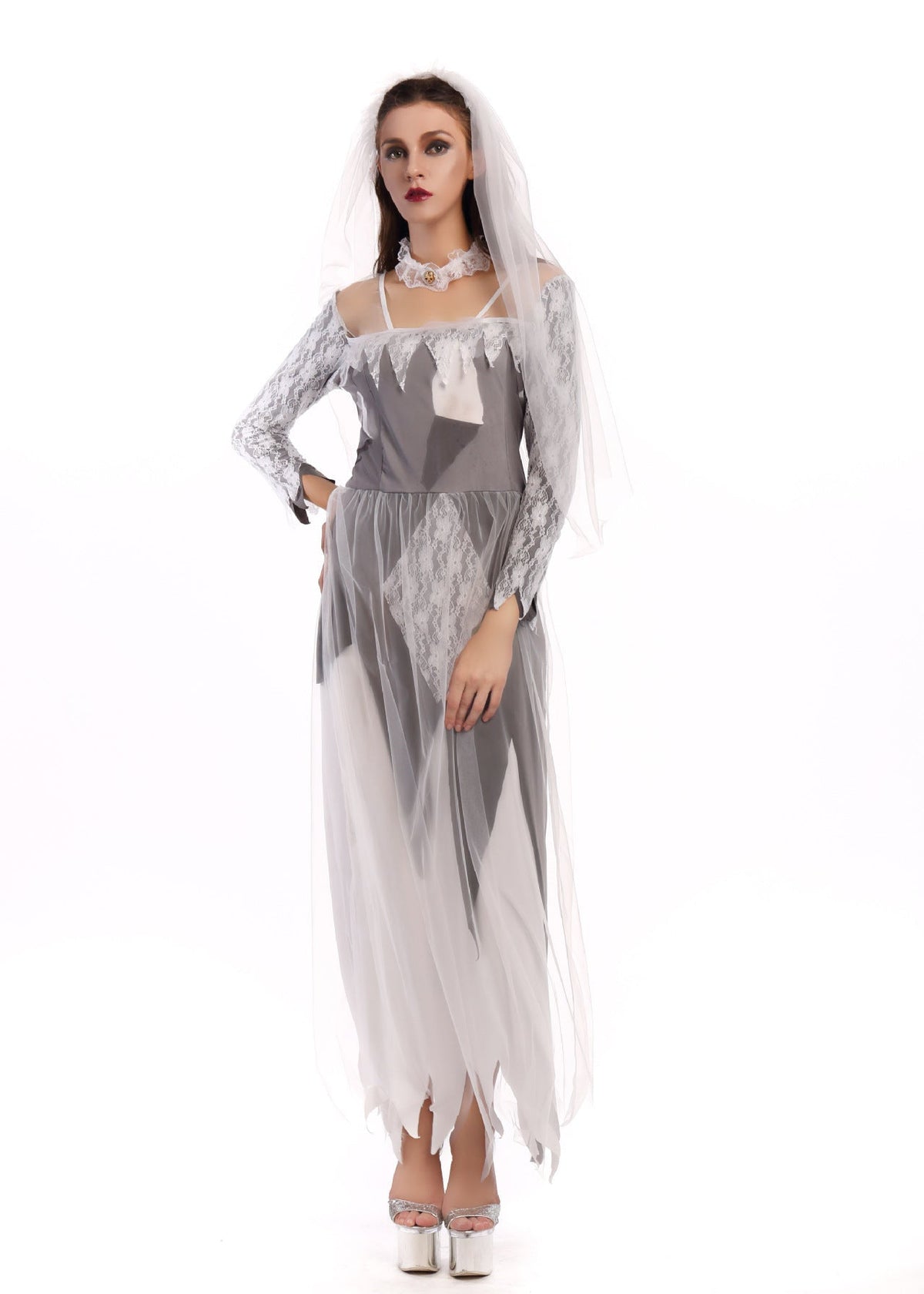 Ghost Bride Costume - Women's Haunted Wedding Halloween Dress with Veil