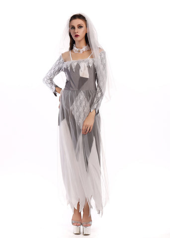 Ghost Bride Costume - Women's Haunted Wedding Halloween Dress with Veil