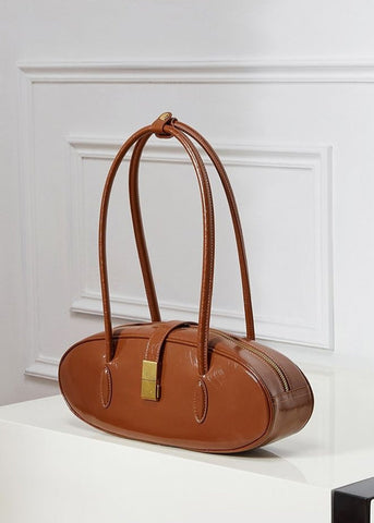 Oval Patent Leather Top Handle Bag Chic Structured Handbag for Women
