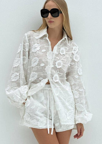Floral Breeze - Sheer EmbroideRed Shirt & High-Waist Shorts Set