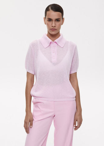Luna Textured Knit Polo Top Soft Pink Button-Up Tee