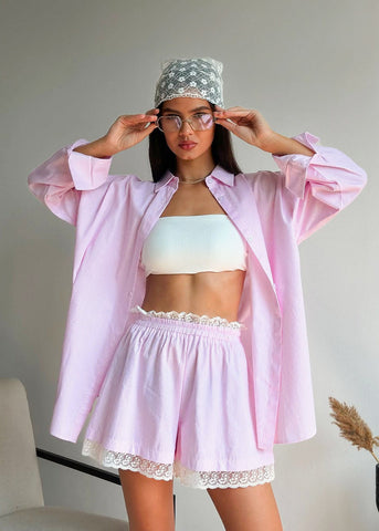 Pink Pinstripe Oversized Shirt & Lace-Trim Shorts Set 2-Piece Women's Outfit