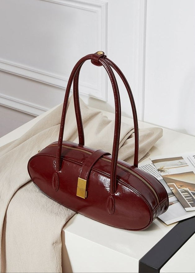 Oval Patent Leather Top Handle Bag Chic Structured Handbag for Women