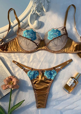 Golden Bloom - Satin Embroidered Lingerie Set