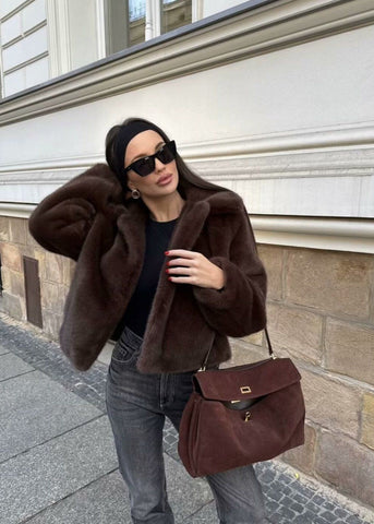 Plush Faux Fur Short Coat Dark Brown