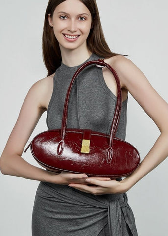 Oval Patent Leather Top Handle Bag Chic Structured Handbag for Women