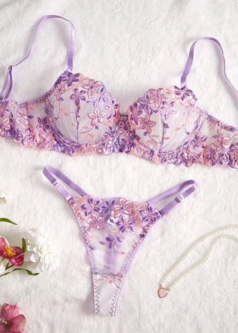 Lilac Blossom Embroidered Lingerie Set