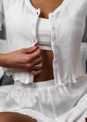 Ruffle Trim Two-Piece Lounge Set Short Sleeve Top & Shorts