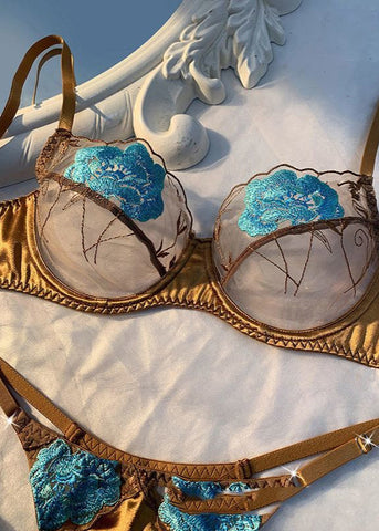 Golden Bloom - Satin Embroidered Lingerie Set