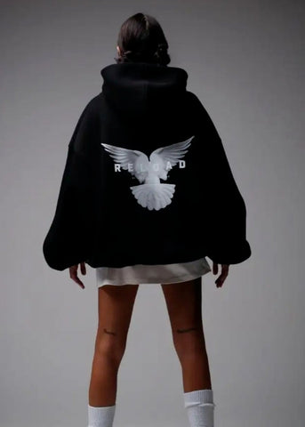 Reload Oversized Hoodie Graphic Back Streetwear Sweatshirt for Women