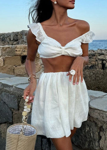 Isola Linen Ruffle Set Two-Piece Off-Shoulder Crop Top & Skirt