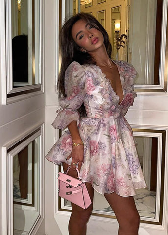 Floral Ruffle Puff Sleeve Mini Dress Deep V Fit and Flare Party Dress