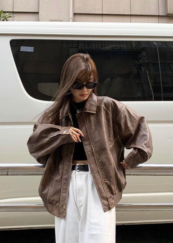 Nova Oversized Faux Leather Jacket Vintage Brown Streetwear Fit