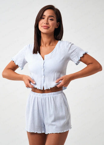 Ruffle Hem Short Sleeve Lounge Set Light Blue