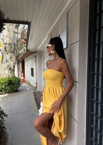 Lemon Daylight Strapless Smocked Maxi Dress