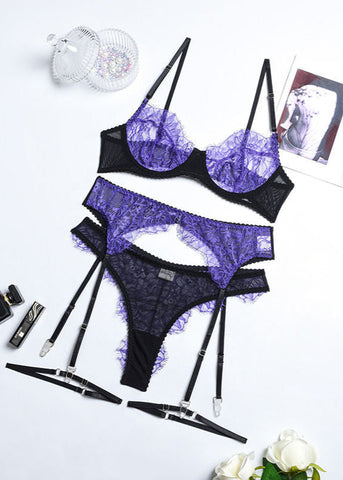 Leona - Purple Lace Underwire Lingerie Set with Garter Straps