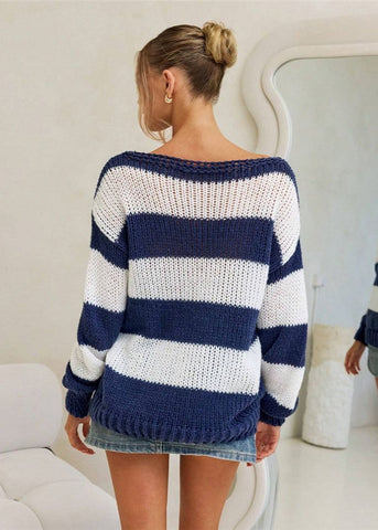Nautica Navy and White Striped Boat Neck Sweater