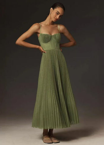 Olive Grace Pleated Midi Corset Dress with Spaghetti Straps