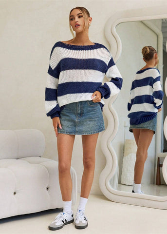 Nautica Navy and White Striped Boat Neck Sweater