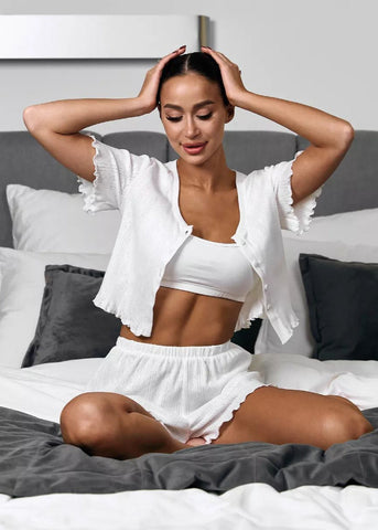 Ruffle Trim Two-Piece Lounge Set Short Sleeve Top & Shorts
