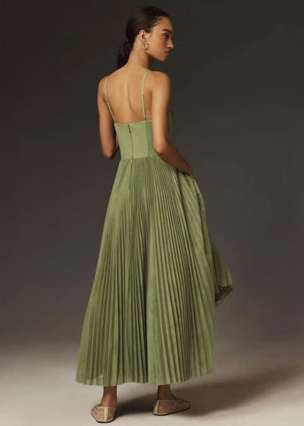 Olive Grace Pleated Midi Corset Dress with Spaghetti Straps