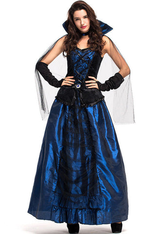Midnight Duchess - Women's Blue and Black Vampire Costume Gown with High Collar