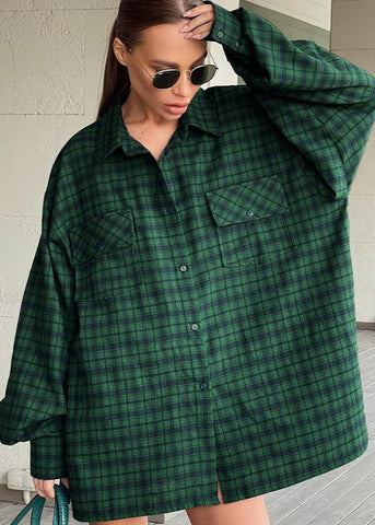 Oversized Retro Green Plaid Shirt Effortless Chic