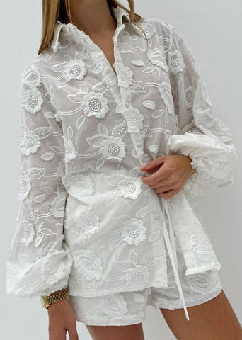 Floral Breeze - Sheer EmbroideRed Shirt & High-Waist Shorts Set