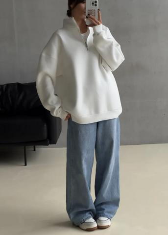 Ivory Drift - Oversized Half-Zip Fleece Pullover with Tall Collar