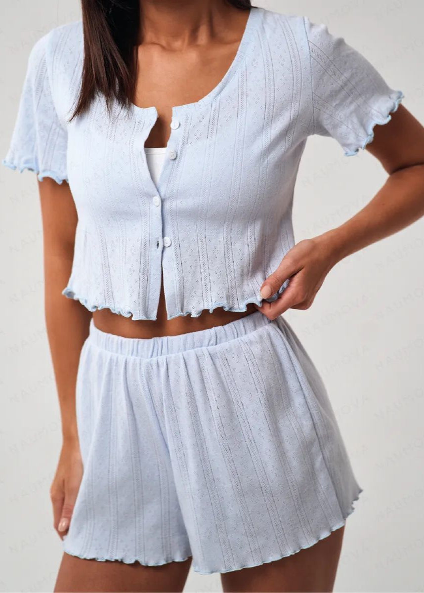 Ruffle Hem Short Sleeve Lounge Set Light Blue