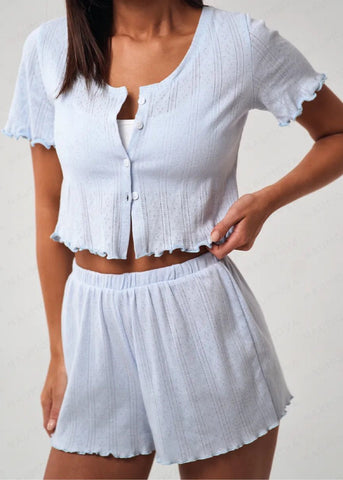 Ruffle Hem Short Sleeve Lounge Set Light Blue