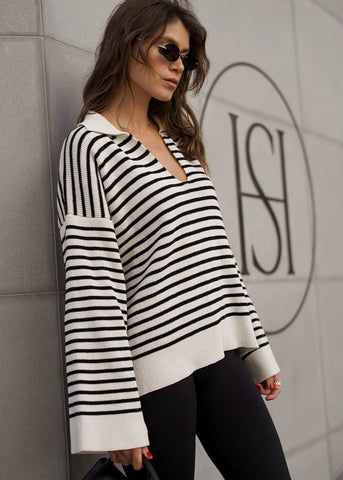 Mariner Striped V-Neck Knit Sweater with Wide Sleeves