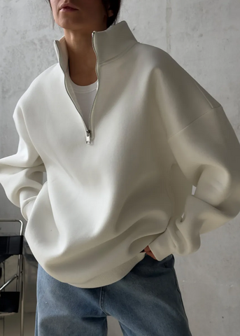 Ivory Drift - Oversized Half-Zip Fleece Pullover with Tall Collar