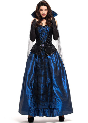 Midnight Duchess - Women's Blue and Black Vampire Costume Gown with High Collar