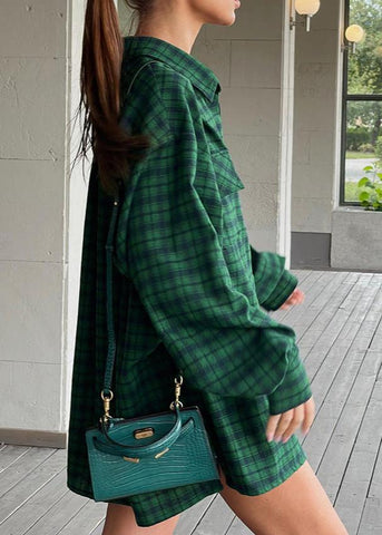 Oversized Retro Green Plaid Shirt Effortless Chic
