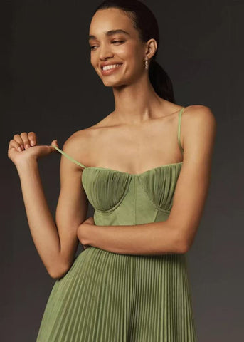 Olive Grace Pleated Midi Corset Dress with Spaghetti Straps