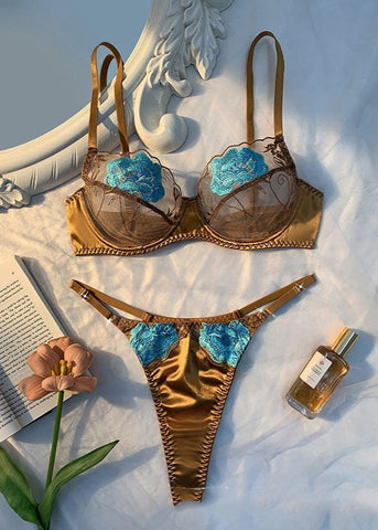 Golden Bloom - Satin Embroidered Lingerie Set
