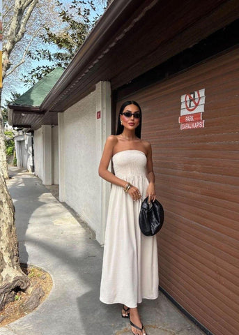 Lemon Daylight Strapless Smocked Maxi Dress