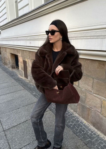 Plush Faux Fur Short Coat Dark Brown