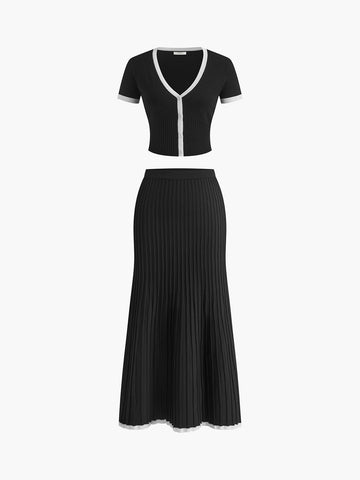 Monaco Set - Ribbed Knit Crop Top & Pleated Midi Skirt
