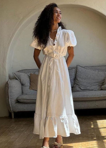 Ivory Grace - Puff Sleeve Linen Midi Dress